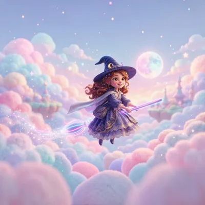 Cute Little Witch Flying On A Magical Broomstick