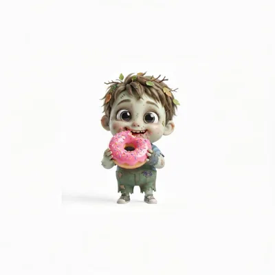 Cute Cartoon Zombie Child Eating A Pink Donut