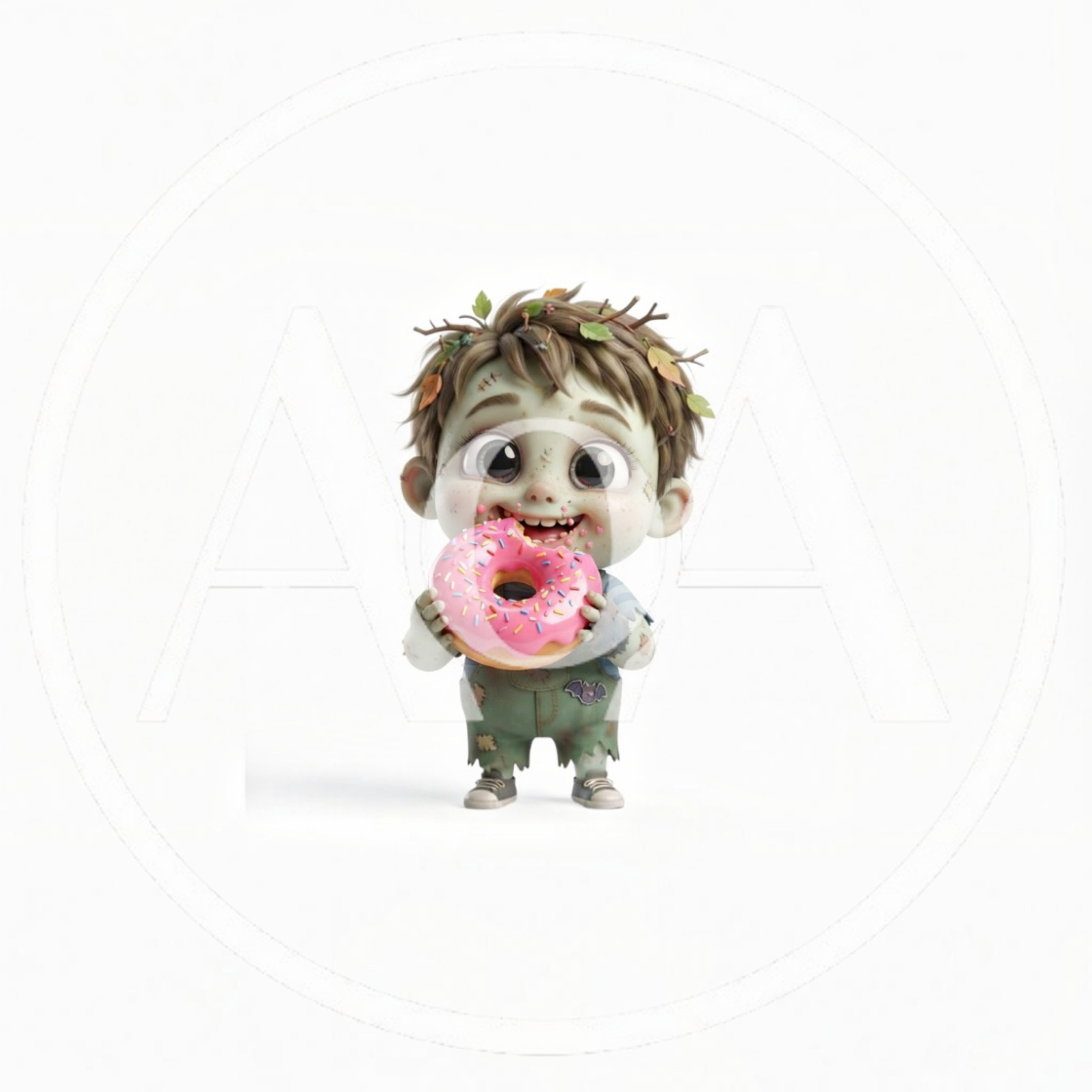 Cute Cartoon Zombie Child Eating A Pink Donut