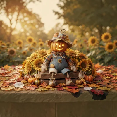 Pumpkin Scarecrow Doll Sitting Among Sunflowers and Autumn Leaves
