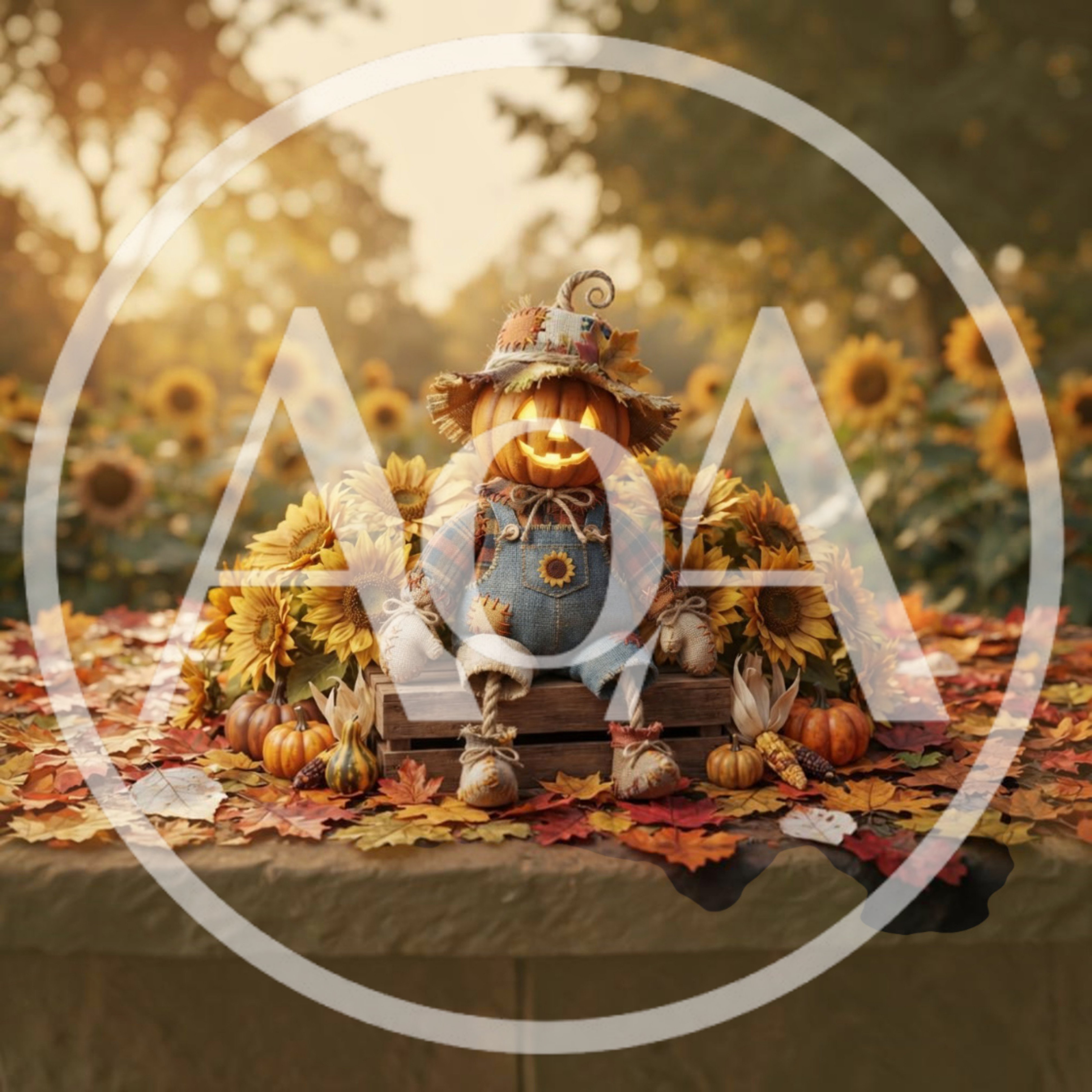 Pumpkin Scarecrow Doll Sitting Among Sunflowers and Autumn Leaves