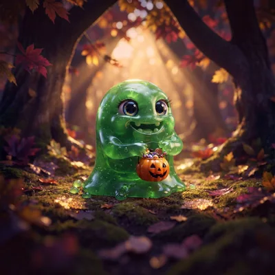 Cute Green Slime Monster Holding A Pumpkin Candy Bucket