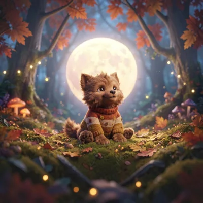 Cute Baby Werewolf Sitting In Enchanted Autumn Forest