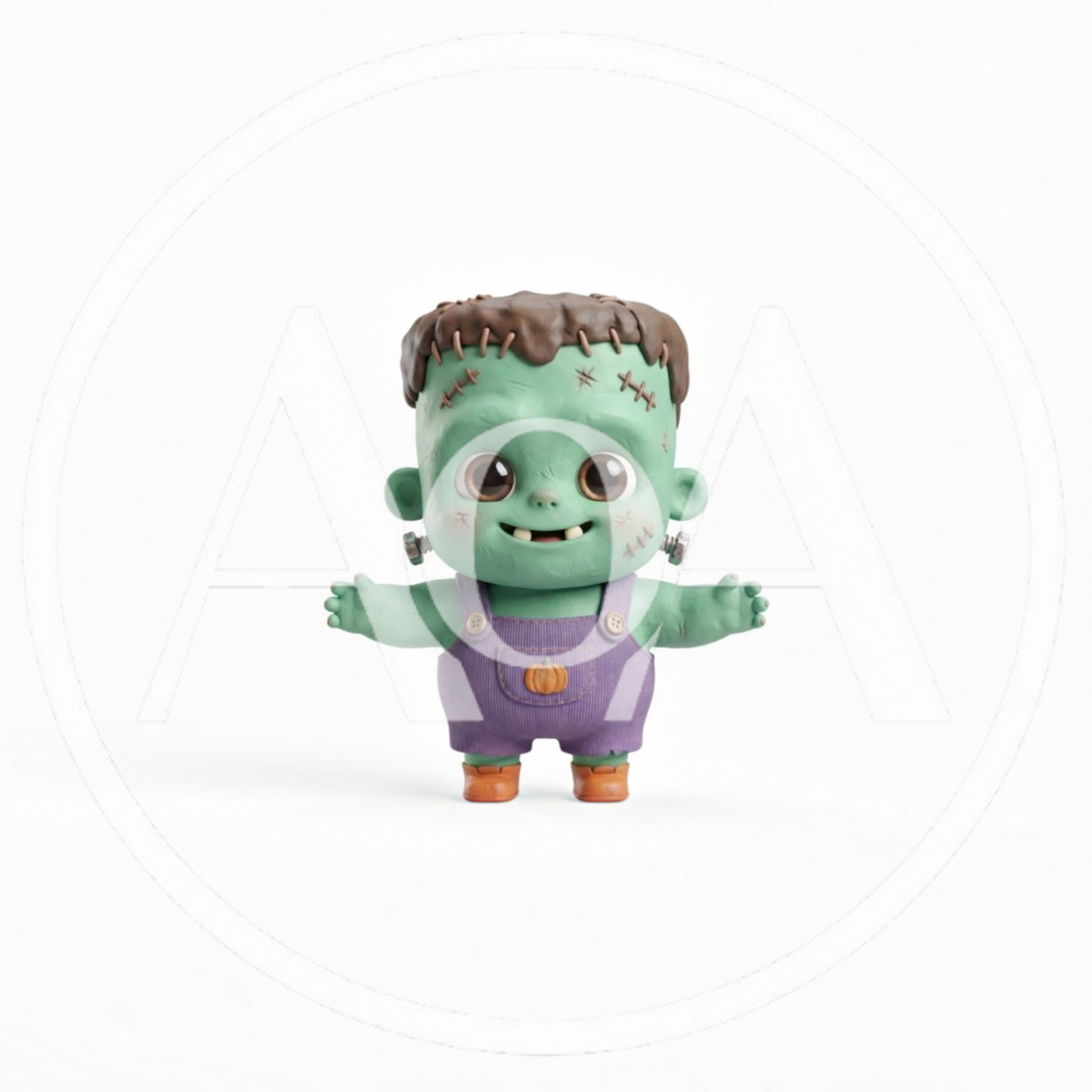Cute 3D Frankenstein Monster Character With Pumpkin Overalls