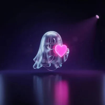 Transparent Glass Ghost Holding A Glowing Pink Heart