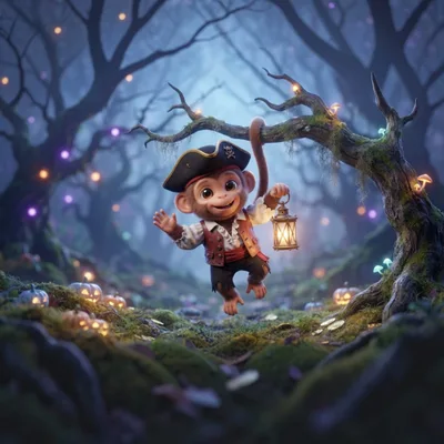 Cute Pirate Monkey Holding Lantern In Enchanted Forest
