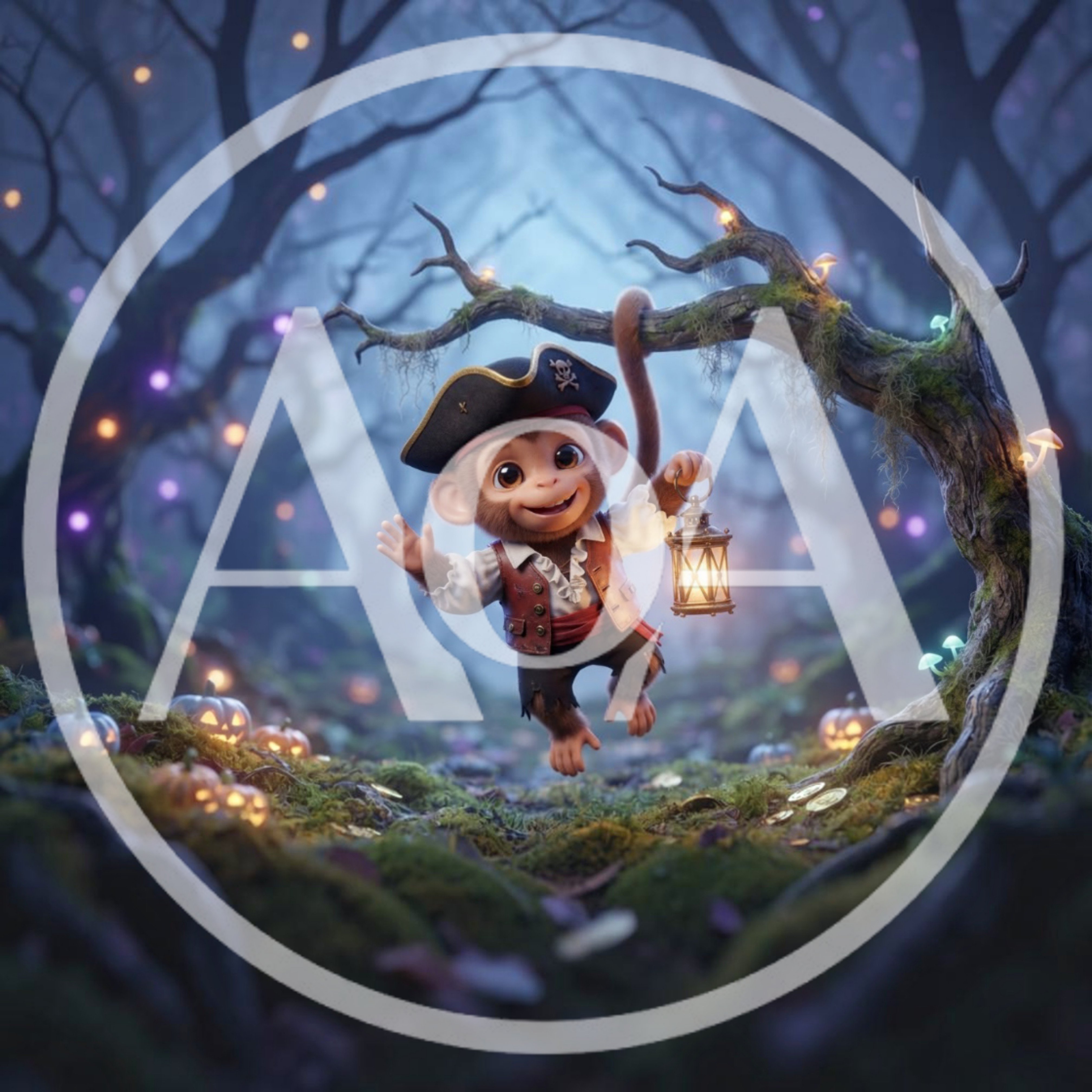 Cute Pirate Monkey Holding Lantern In Enchanted Forest