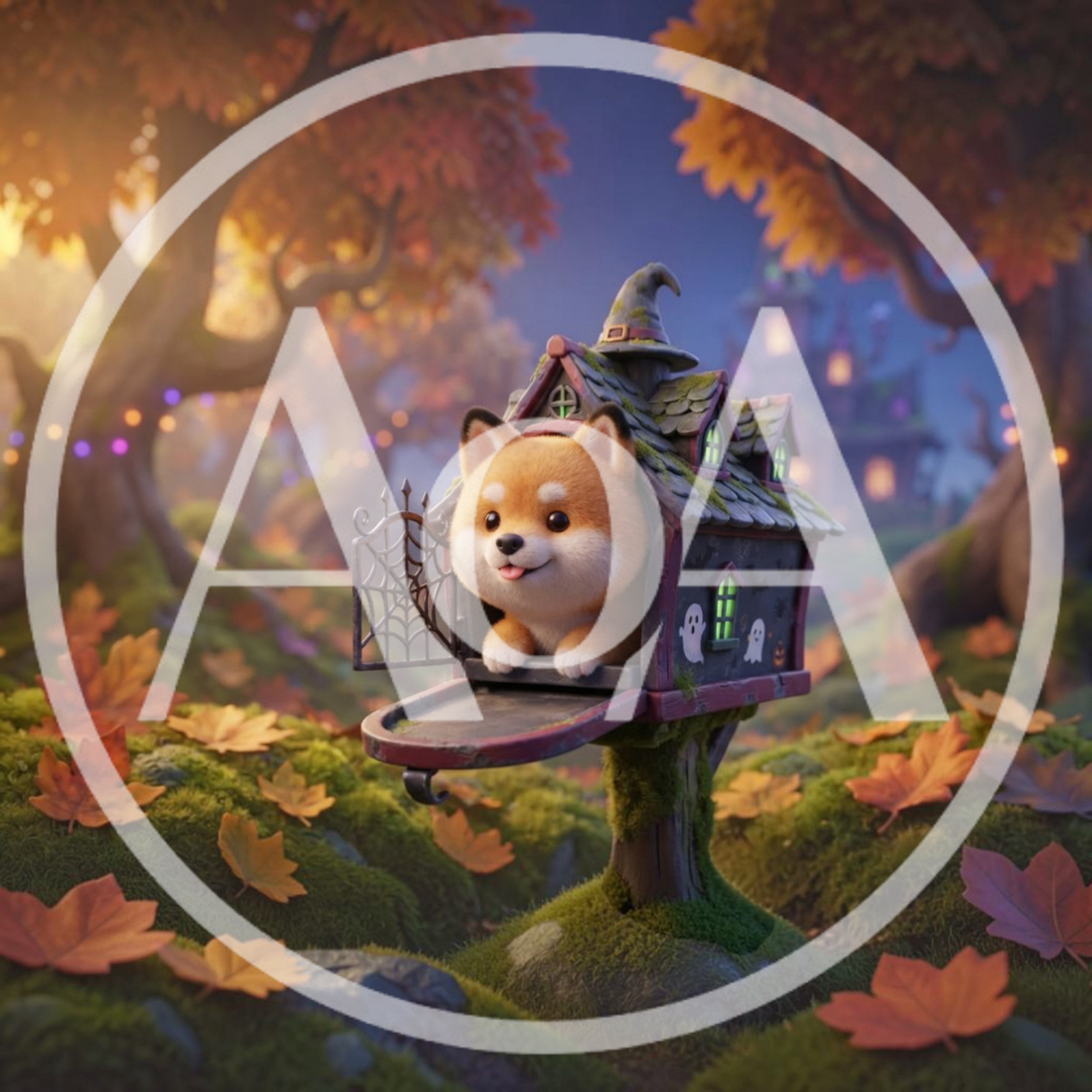 Cute Shiba Inu Puppy Inside A Spooky Halloween Mailbox