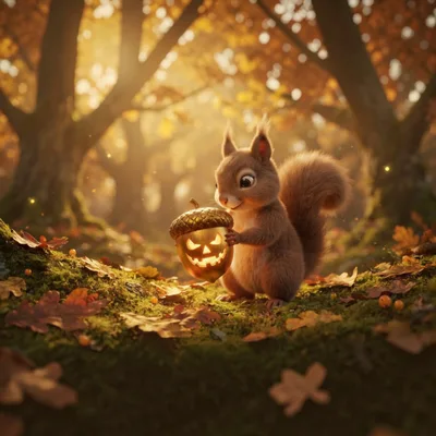 Cute Squirrel Holding A Glowing Jack O Lantern Acorn