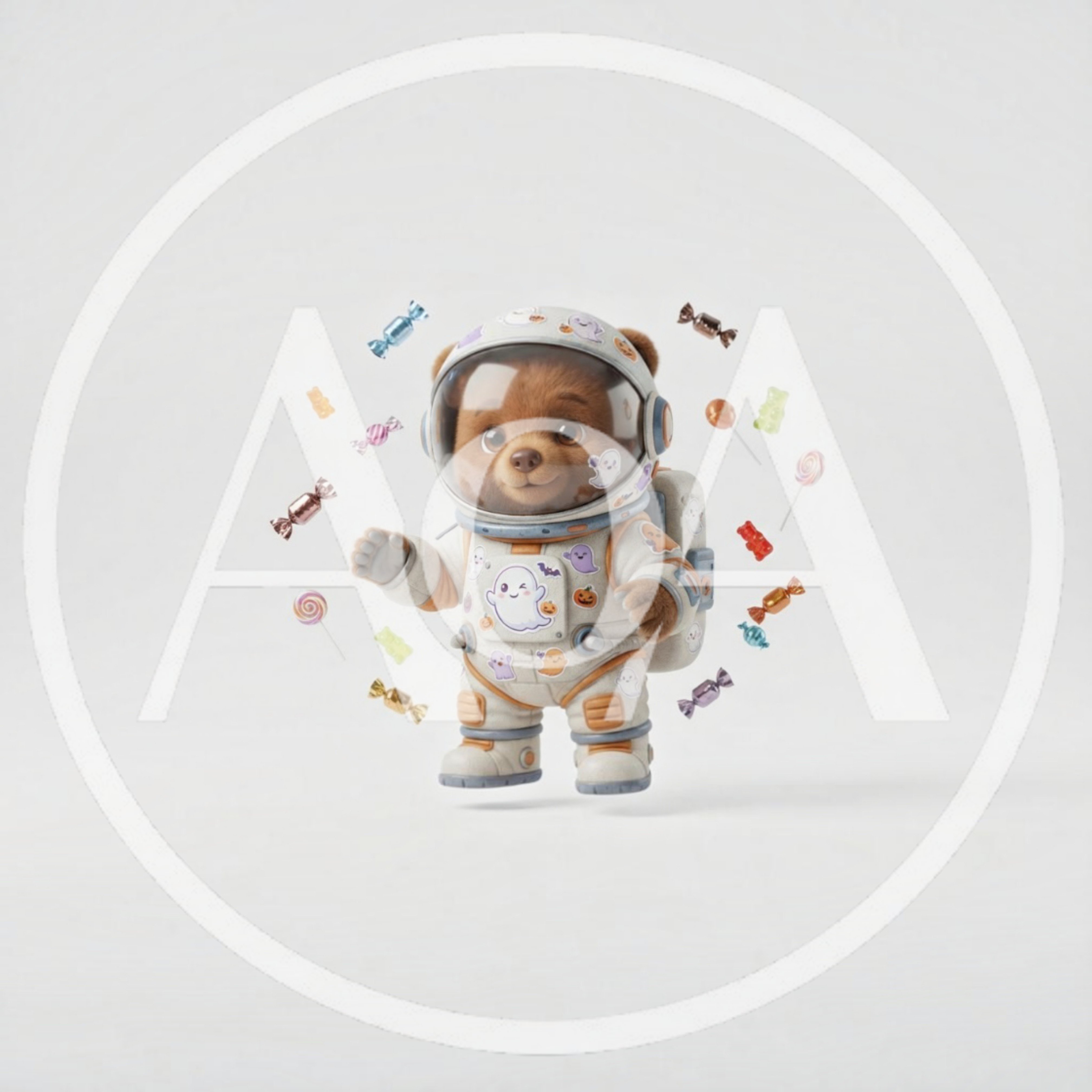 Cute Teddy Bear Astronaut Floating With Halloween Candy
