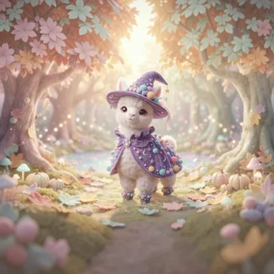 Cute Llama Wizard in Enchanted Autumn Forest