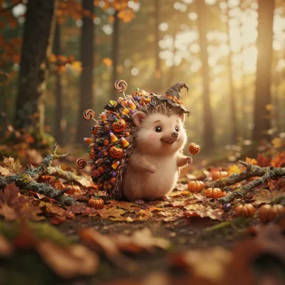 Cute Hedgehog Wearing Witch Hat With Halloween Treats