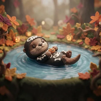 Cute Otter Wearing Skeleton Costume Floating In Pond