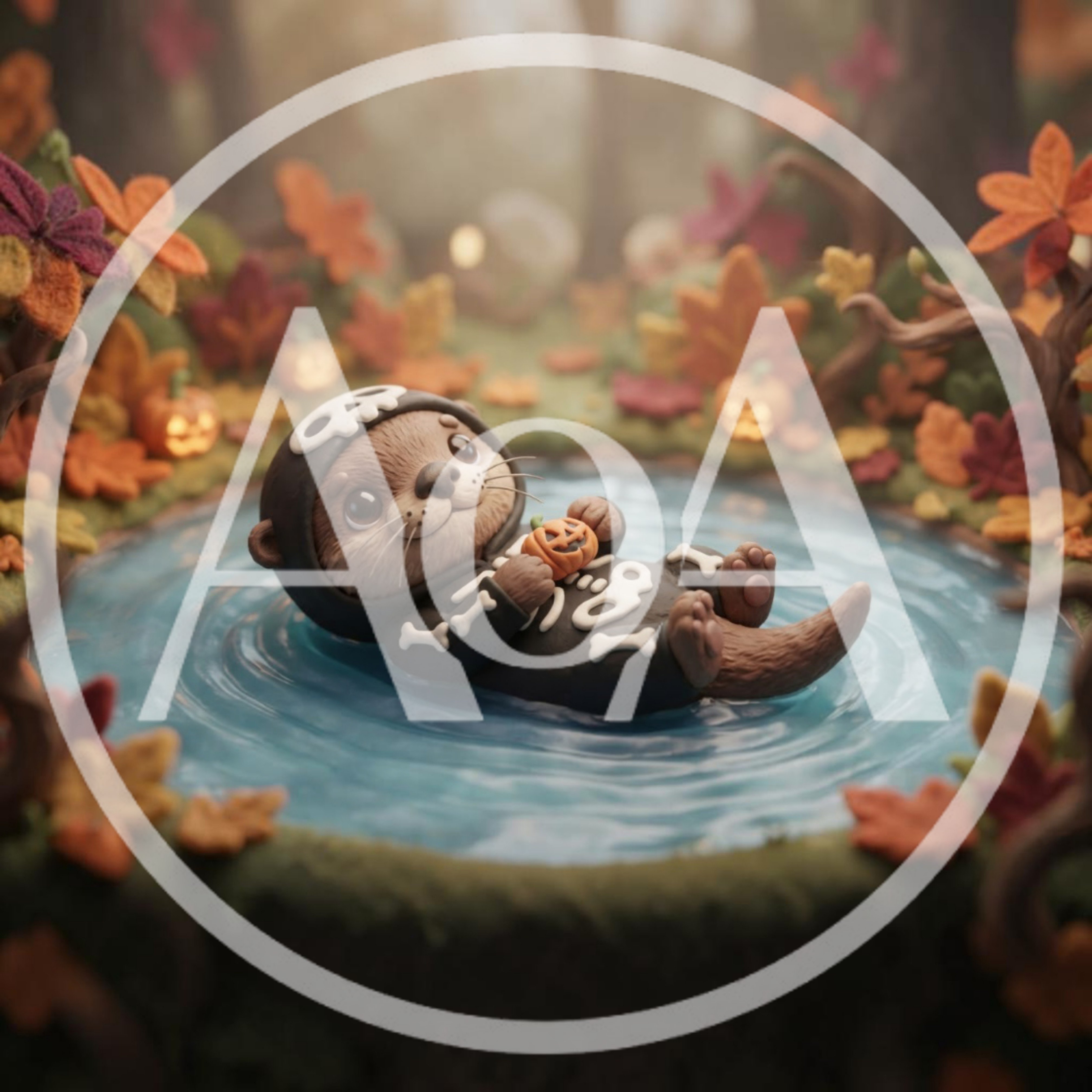 Cute Otter Wearing Skeleton Costume Floating In Pond