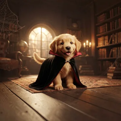 Golden Retriever Puppy Wearing A Vampire Cape