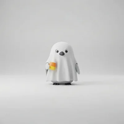 Cute Penguin Dressed As A Ghost Holding Candy Corn