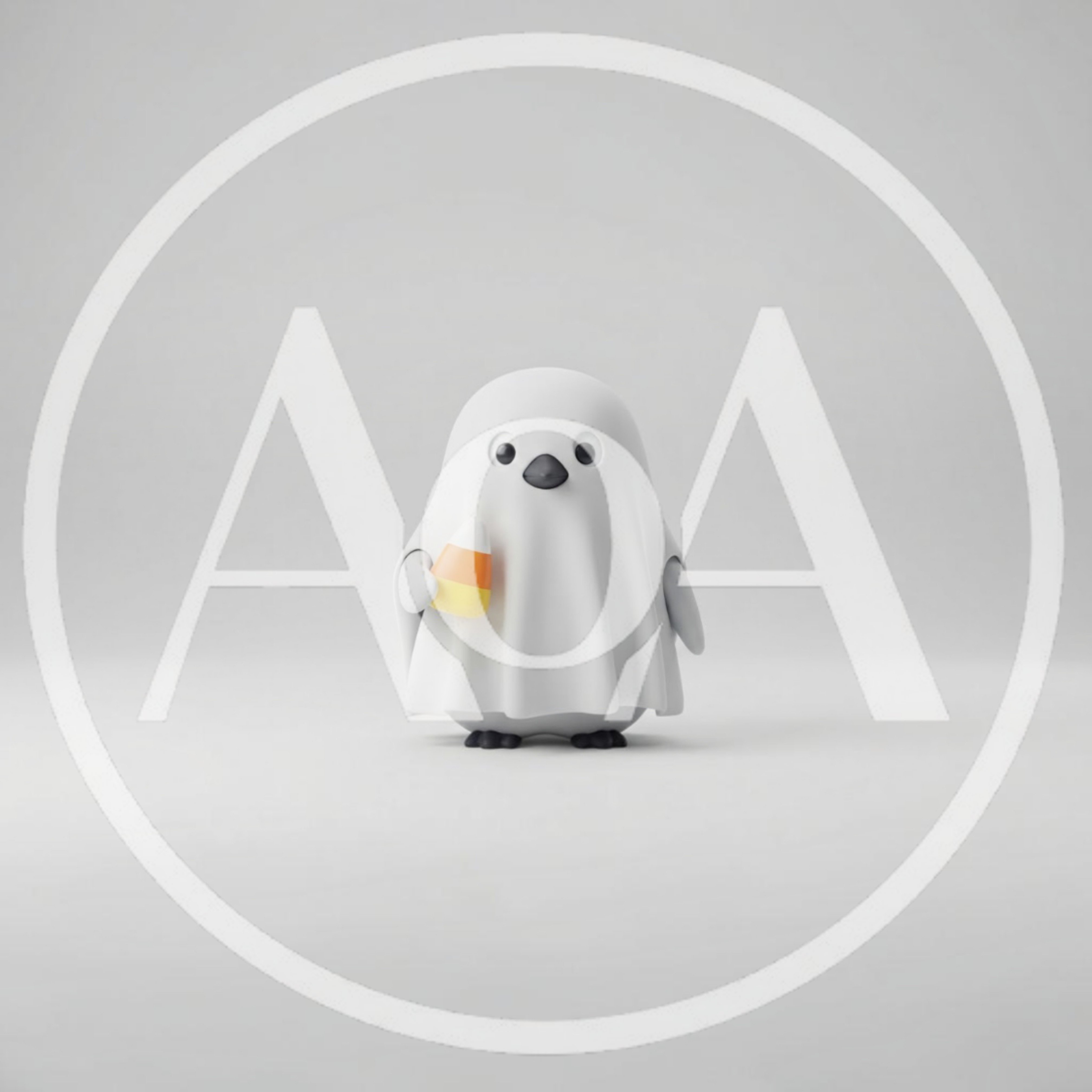 Cute Penguin Dressed As A Ghost Holding Candy Corn