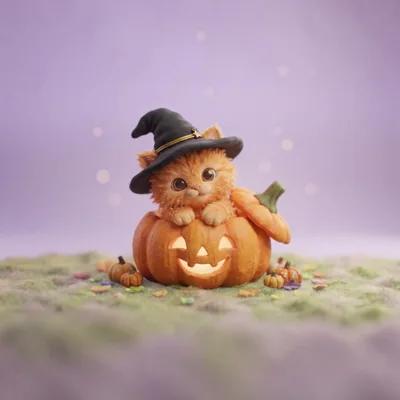 Cute Fluffy Kitten Wearing Witch Hat Inside Jack O Lantern