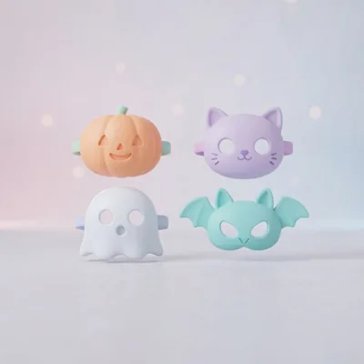 Four Pastel Halloween Masks Floating Against Soft Background