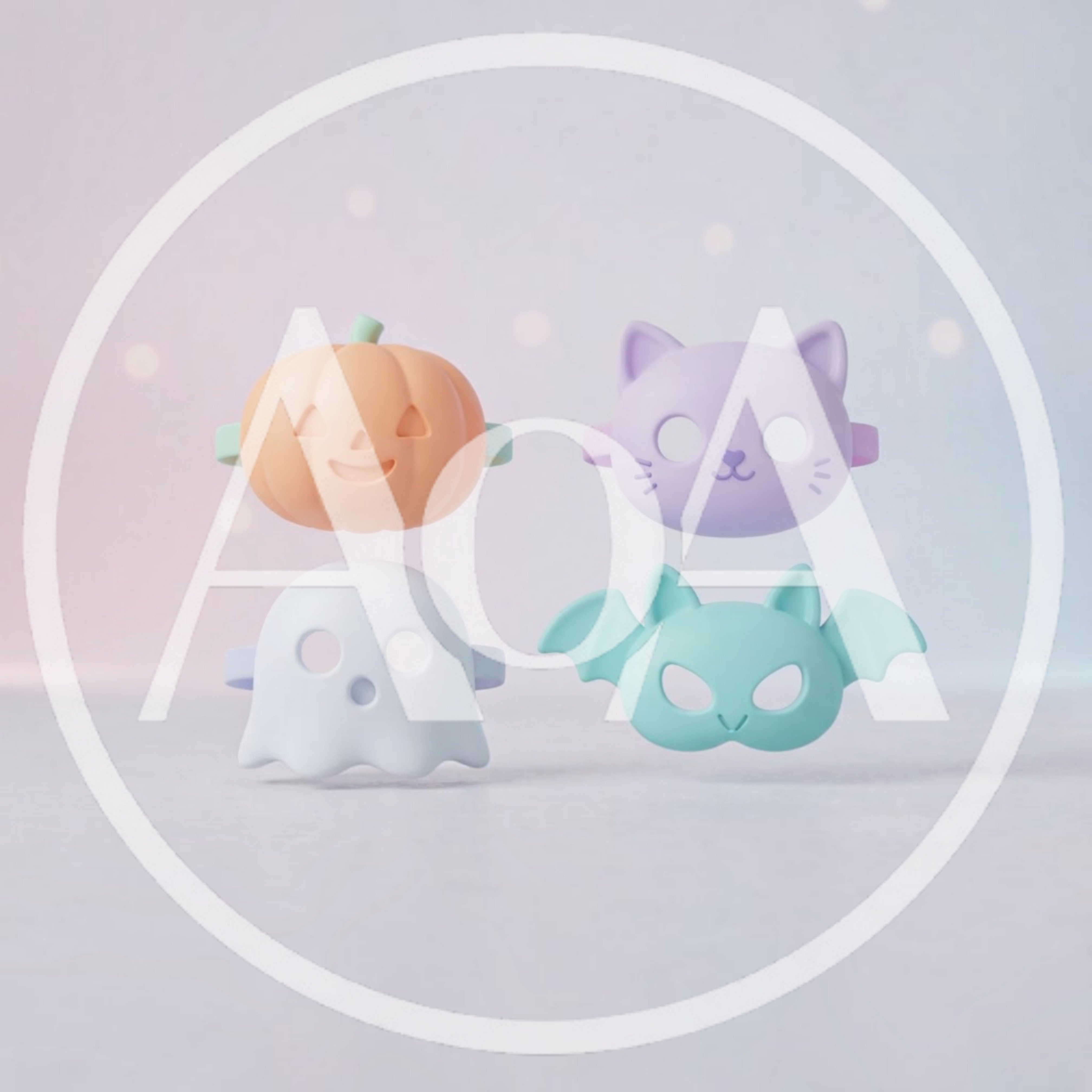 Four Pastel Halloween Masks Floating Against Soft Background