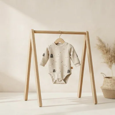 Baby Bodysuit With Ghost Pattern On Wooden Rack