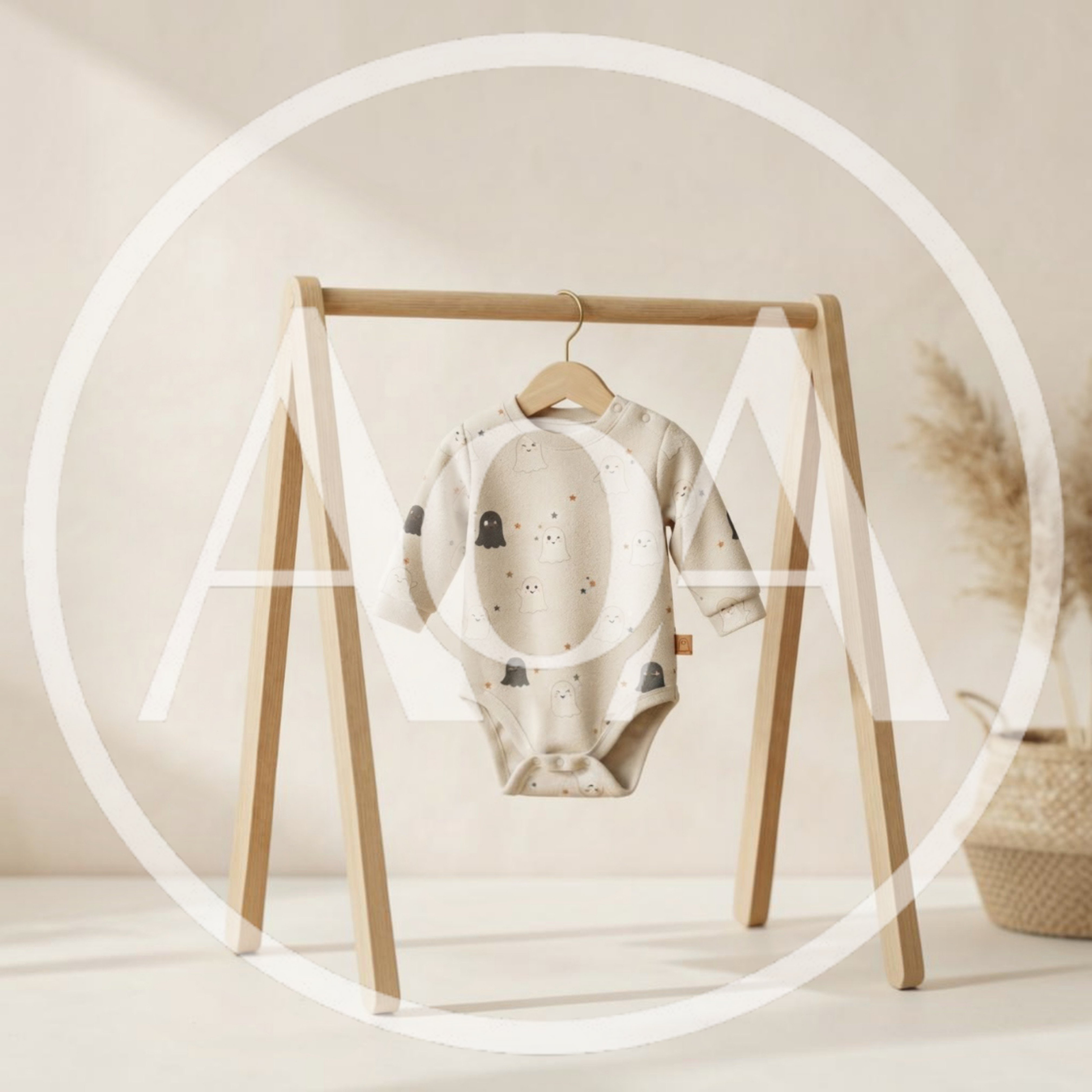 Baby Bodysuit With Ghost Pattern On Wooden Rack