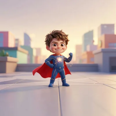 Cute 3D Animated Superhero Boy Standing On Rooftop