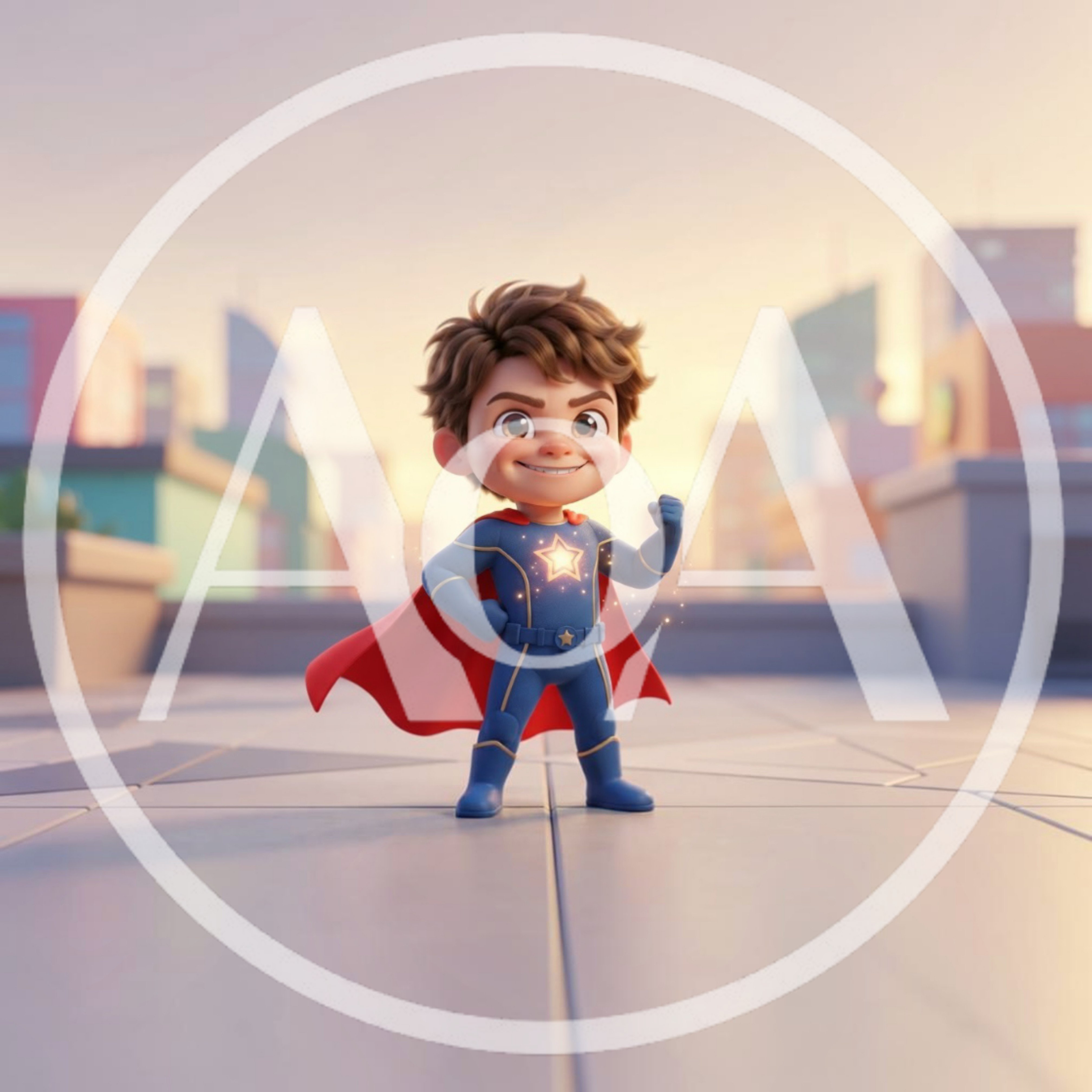 Cute 3D Animated Superhero Boy Standing On Rooftop
