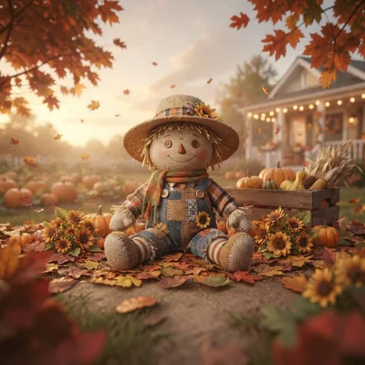 Cute Scarecrow Doll Sitting Among Autumn Pumpkins