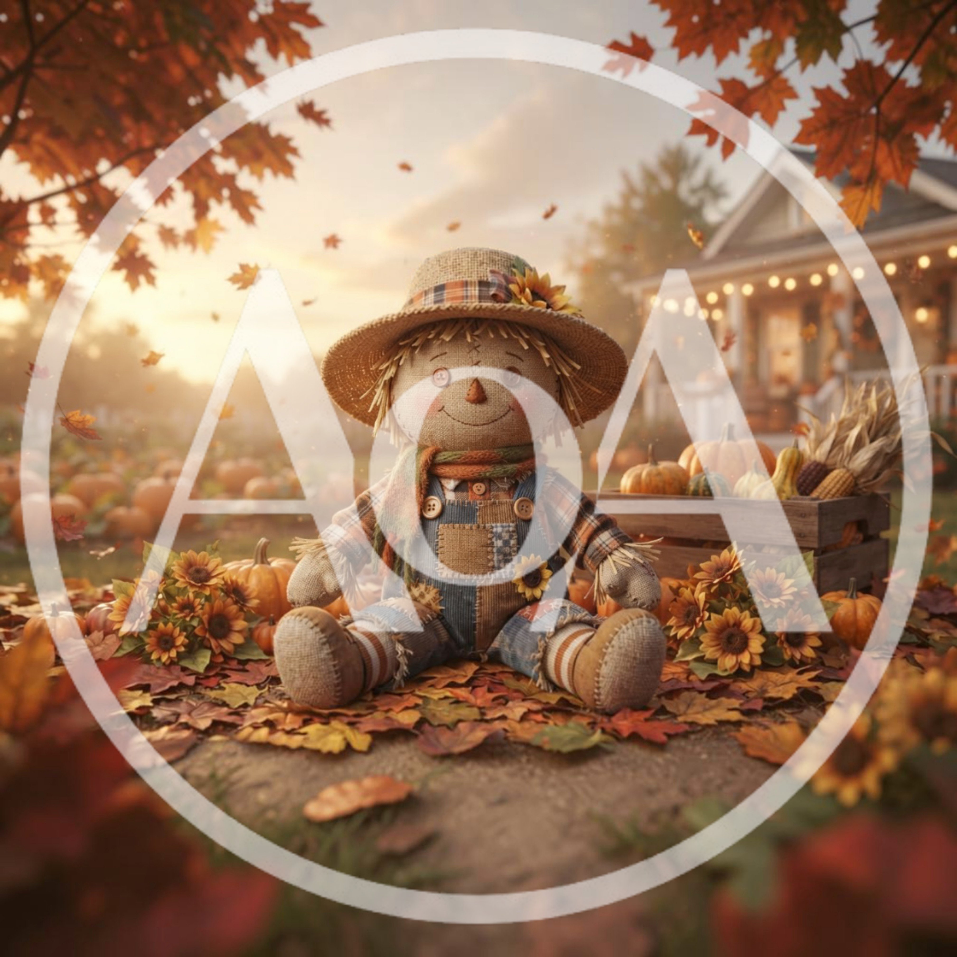 Cute Scarecrow Doll Sitting Among Autumn Pumpkins