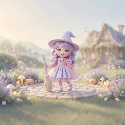 Cute Little Witch Standing in a Magical Garden