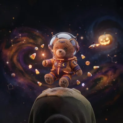 Astronaut Teddy Bear Floating In Space With Halloween Treats