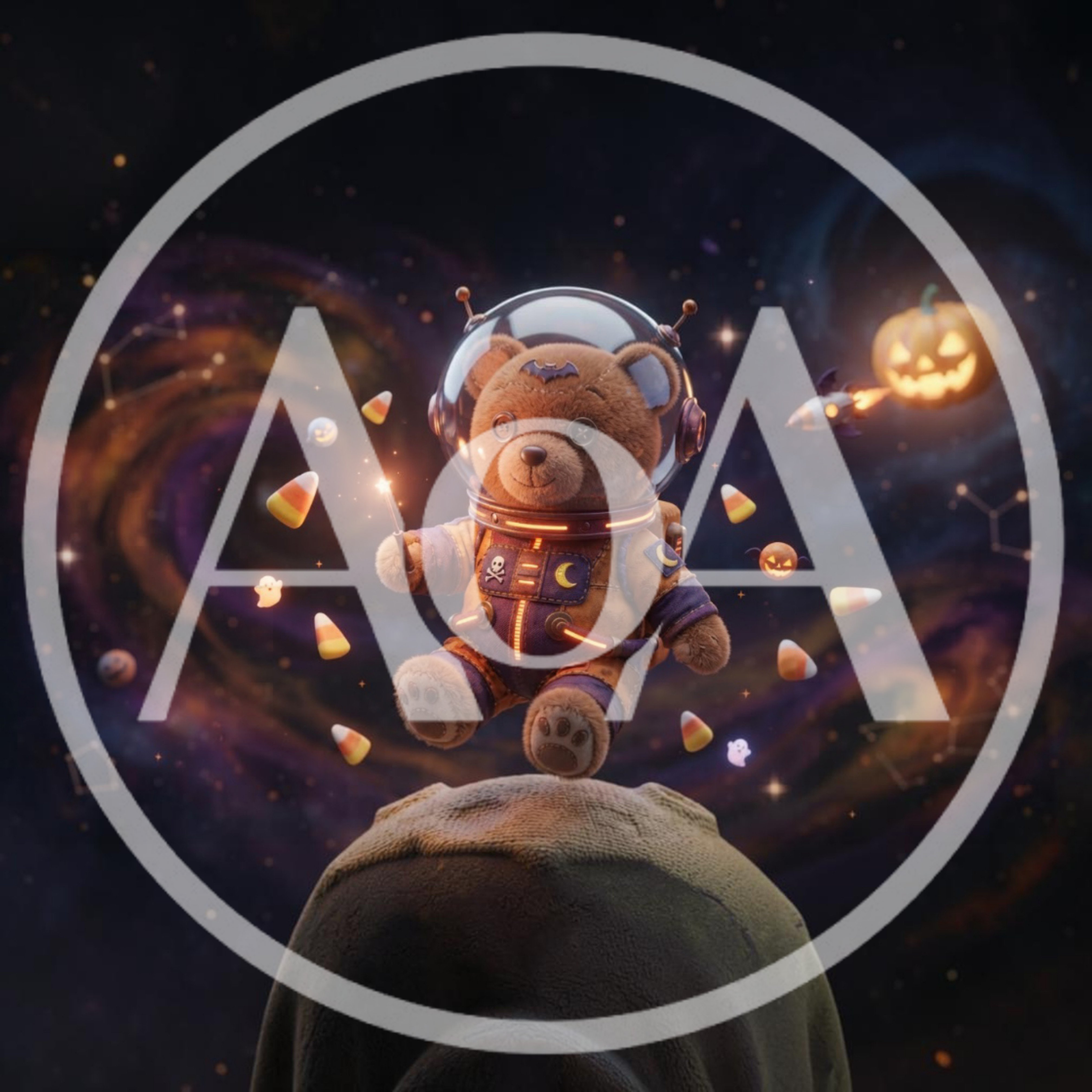 Astronaut Teddy Bear Floating In Space With Halloween Treats