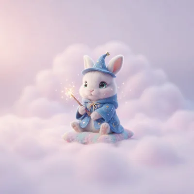 Cute Wizard Bunny Sitting On A Cloud
