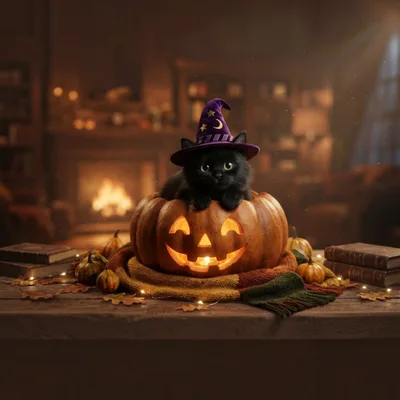 Black Kitten Wearing Witch Hat Inside Jack O Lantern