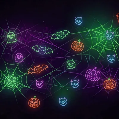 Neon Halloween Icons On Glowing Spider Web Background