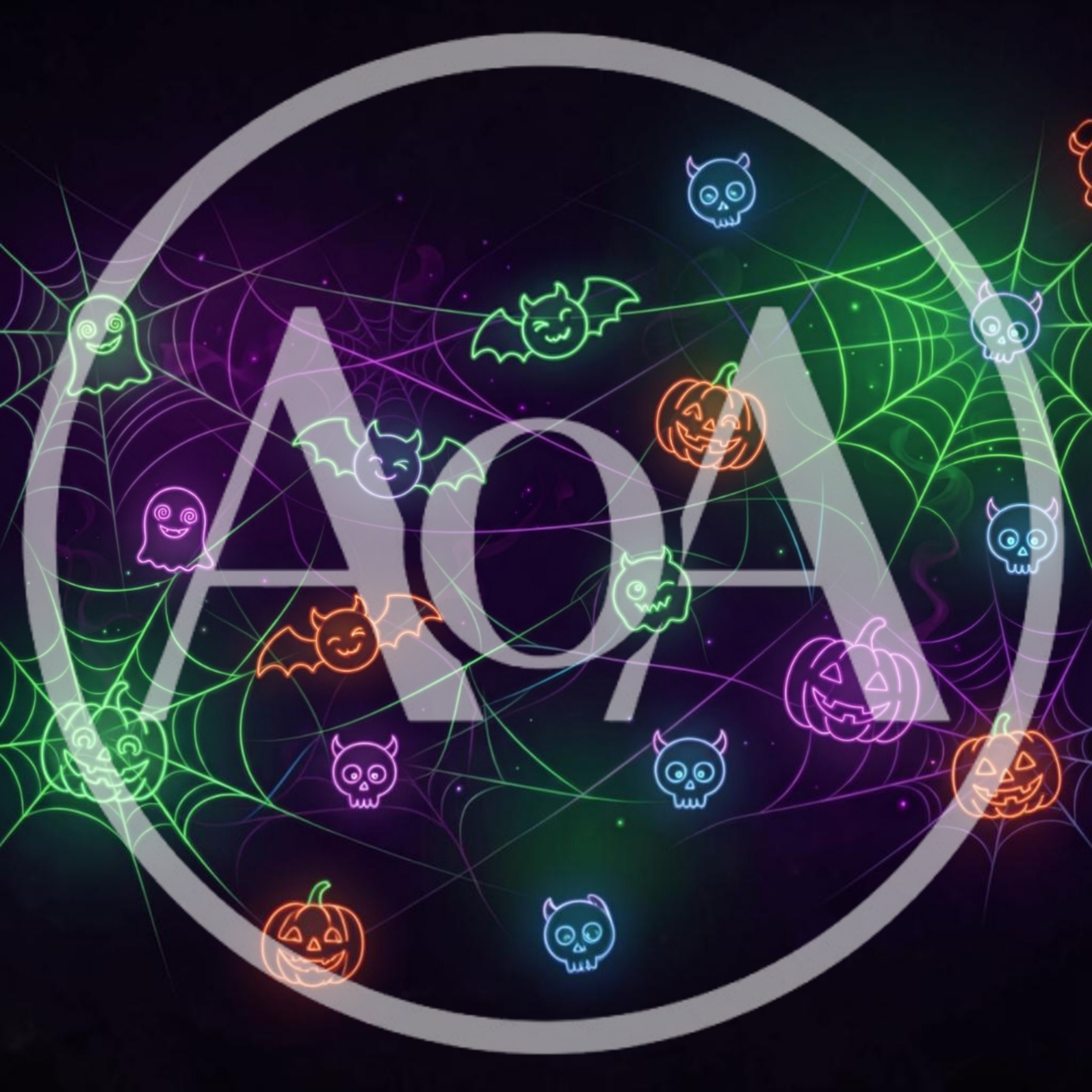 Neon Halloween Icons On Glowing Spider Web Background