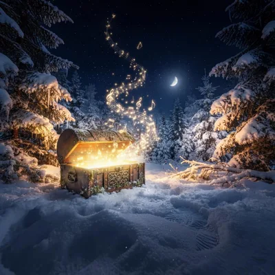 Magical Treasure Chest Emitting Glowing Musical Notes
