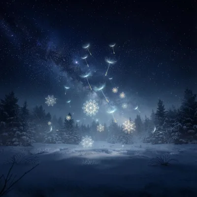 Glowing Dandelion Seeds And Snowflakes In Winter Forest