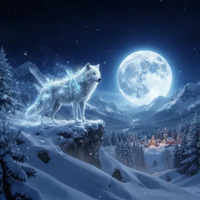 Majestic Crystal Wolf Standing On Snowy Mountain Peak