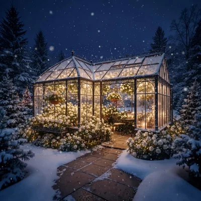Illuminated Glass Greenhouse In Snowy Winter Garden