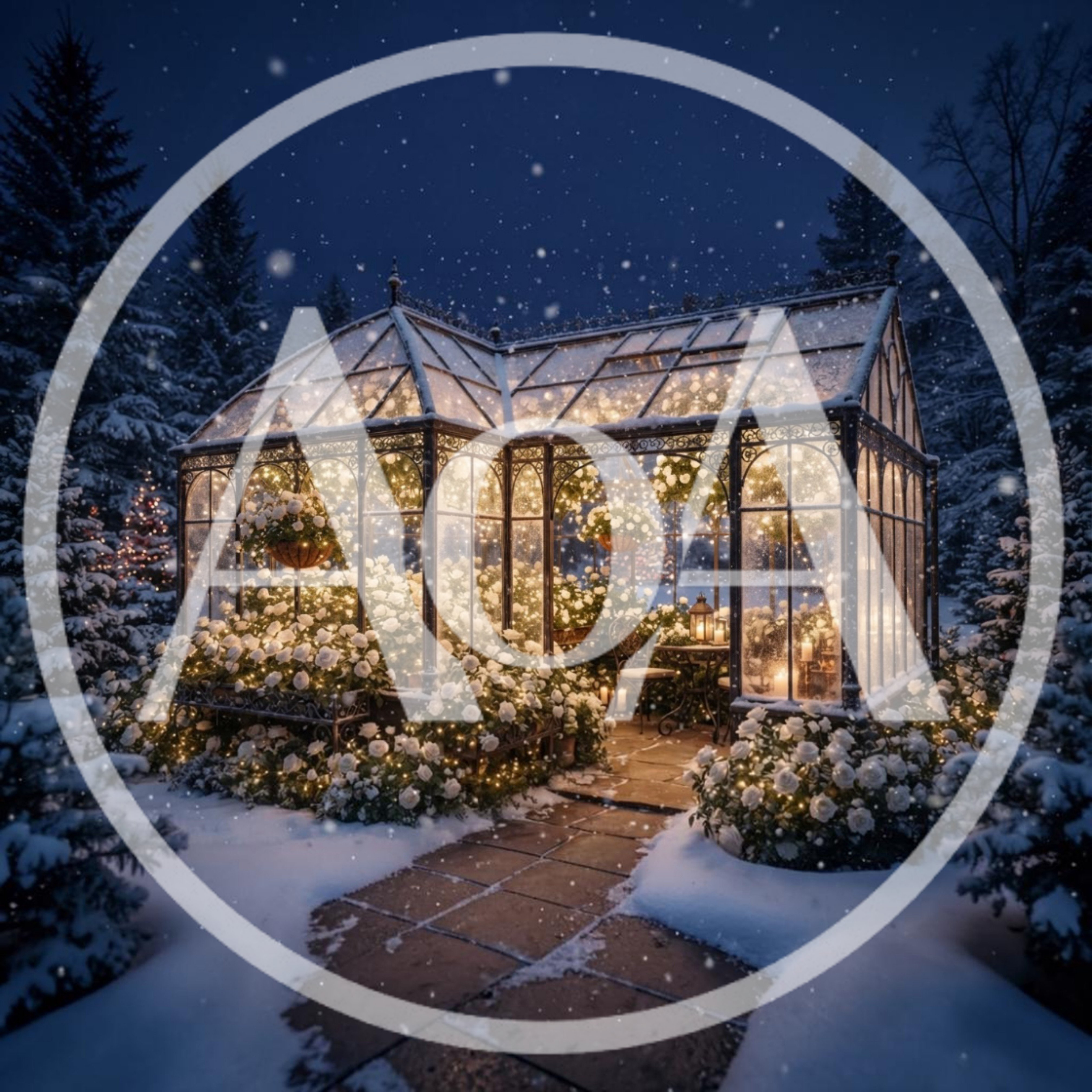 Illuminated Glass Greenhouse In Snowy Winter Garden