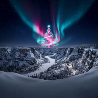 Glowing Neon Christmas Tree Under Aurora Borealis
