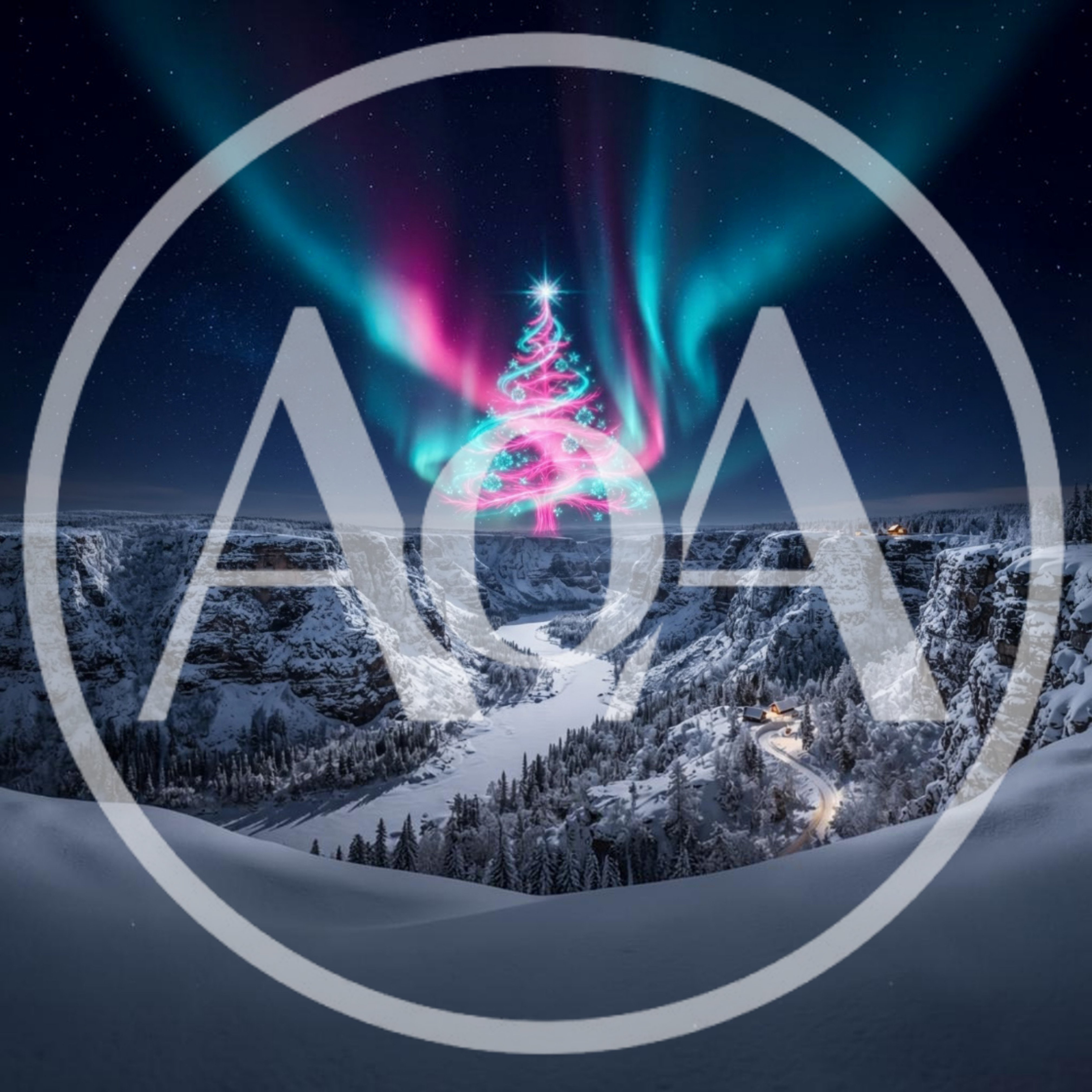 Glowing Neon Christmas Tree Under Aurora Borealis