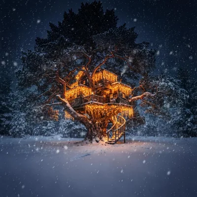 Illuminated Treehouse In Snowy Winter Forest At Night