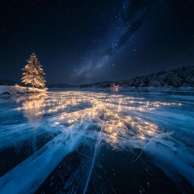 Illuminated Christmas Tree And Fairy Lights On Frozen Lake