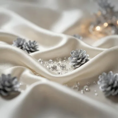 Silver Pinecones and Diamonds on White Silk Fabric