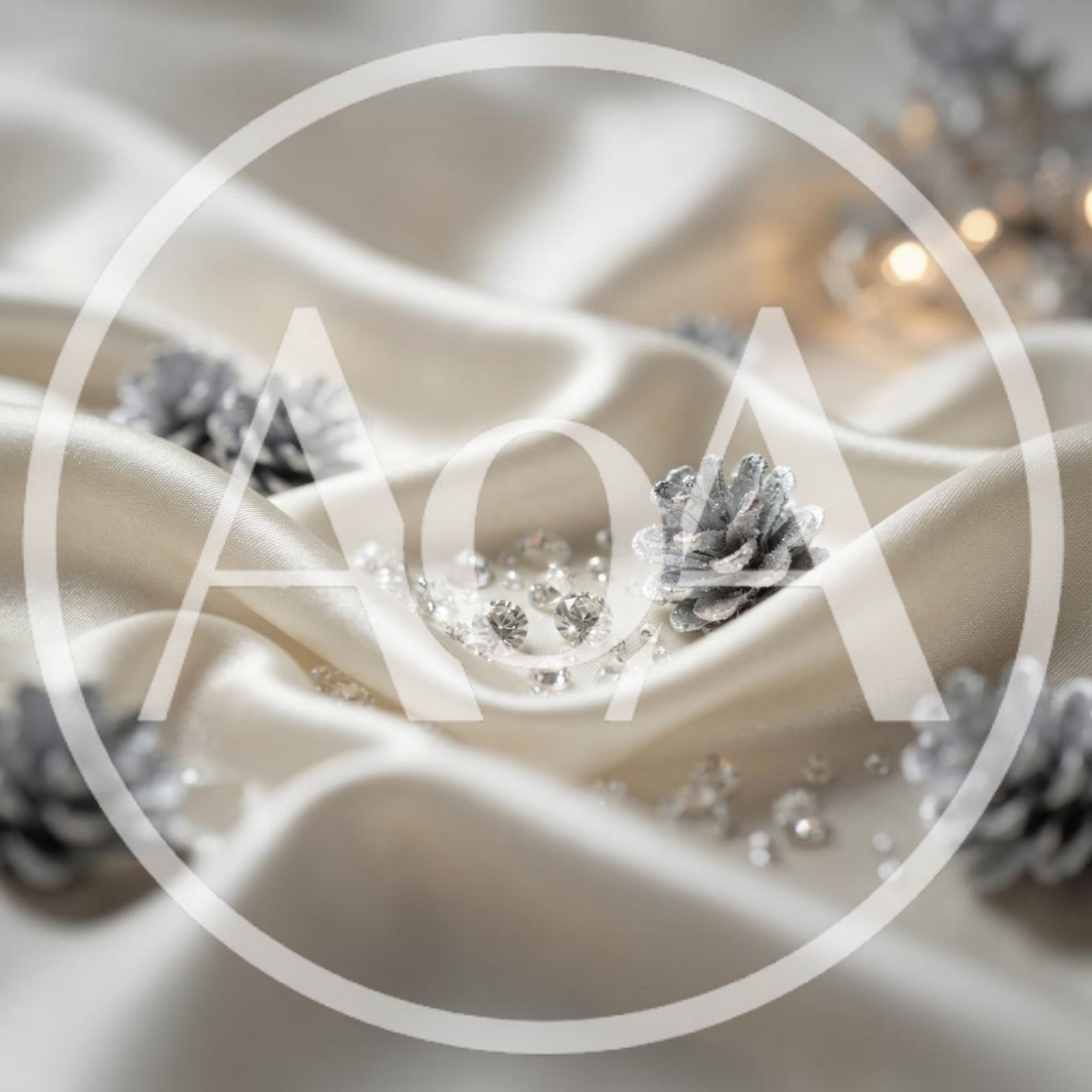 Silver Pinecones and Diamonds on White Silk Fabric