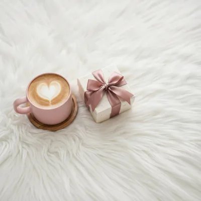 Pink Coffee Mug and Gift Box on White Fur