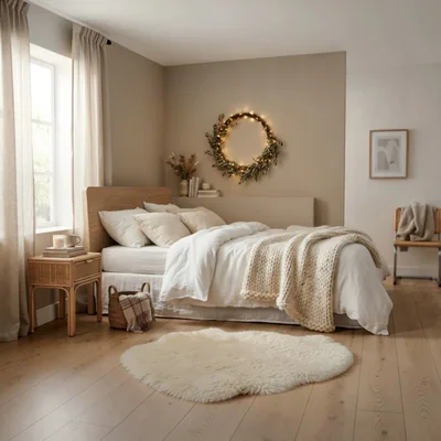 Cozy Minimalist Bedroom Interior With Warm Lighting